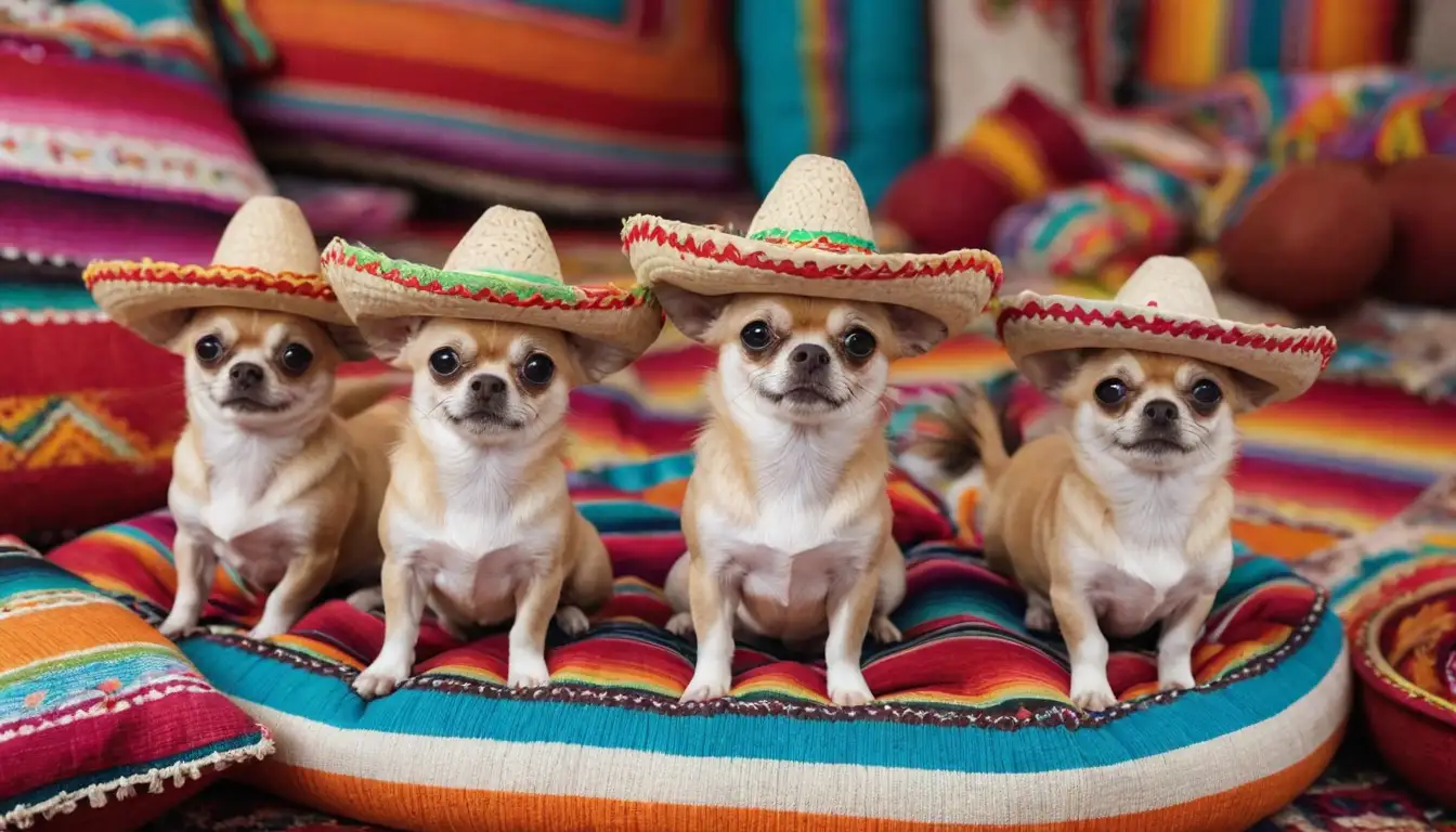 2-3 Chihuahuas with smooth coats, sitting on a soft cushion or rug, surrounded by Mexican sombreros, vibrant textiles, and playful toys
