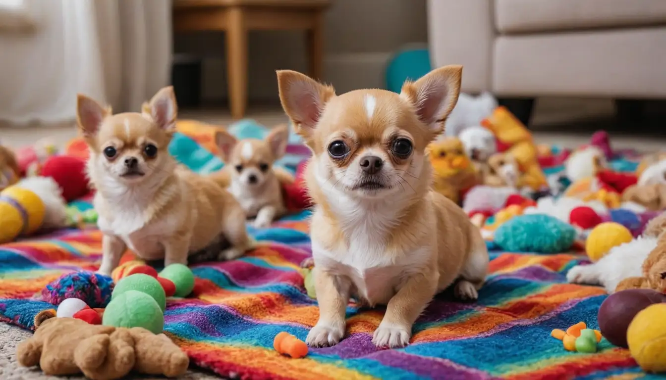 3-4 small, fluffy Chihuahuas with soft fur, sitting on a colorful blanket or rug, surrounded by toys and treats, conveying cuteness and playfulness