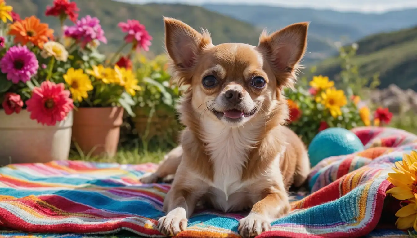 A happy, curly-haired Chihuahua in a playful pose, surrounded by bright flowers, sitting on a colorful Mexican blanket, with a sunny landscape in the background, and a few toys or props nearby