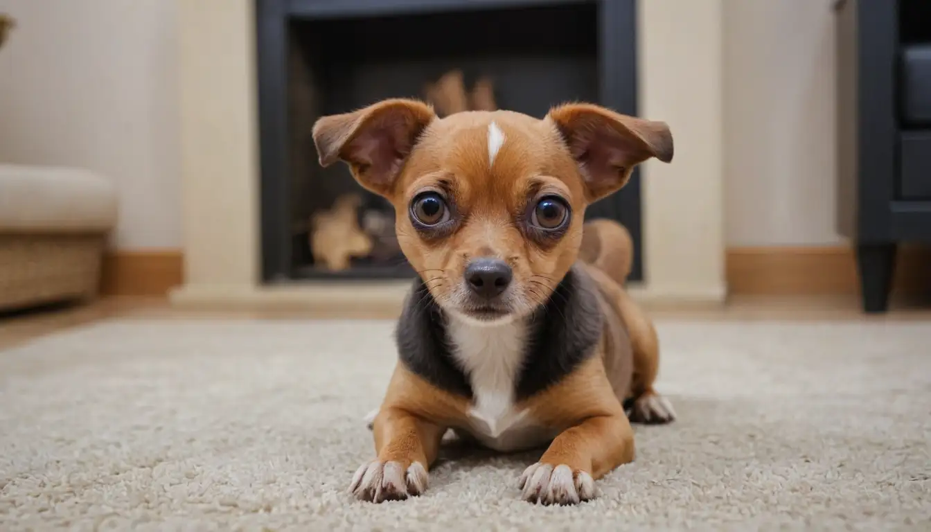 Small-sized dog, smooth coat, short length, brown or black color, floppy ears, big eyes, curved tail, sitting or lying down posture, indoor background
