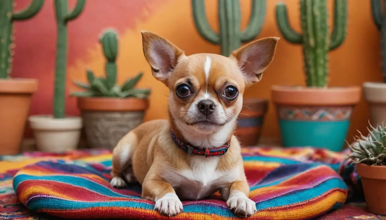 1 small dog with short smooth coat, big eyes, and cute facial expression, sitting or lying on a colorful Mexican-inspired background, surrounded by cacti, sombreros, or traditional Aztec patterns, emphasizing the Chihuahuas heritage