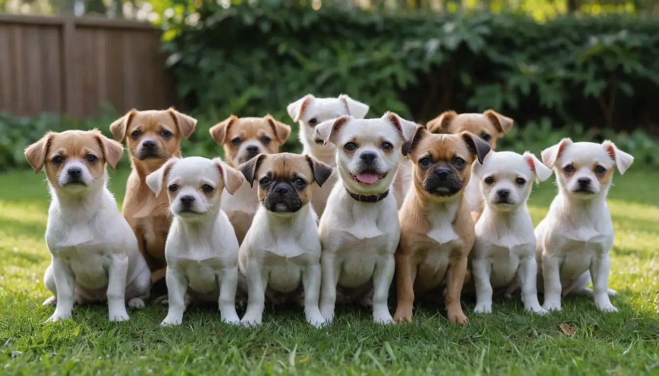 3-5 small dogs with smooth coats, various expressions (curious, playful, alert), different poses (sitting, standing, lying down), natural background (home, garden, park)