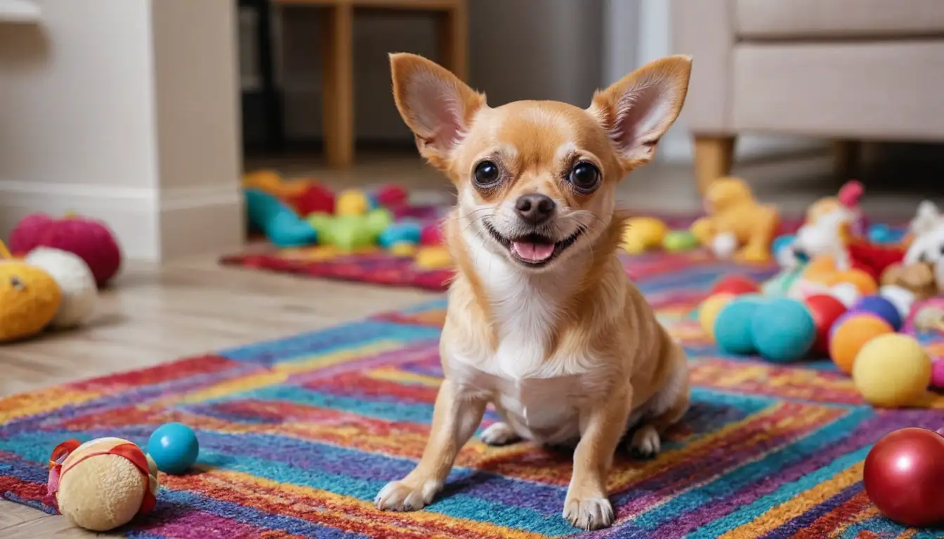 A happy, energetic Chihuahua with soft, silky coat, sitting on a colorful rug, surrounded by toys and treats, conveying friendly, outgoing personality