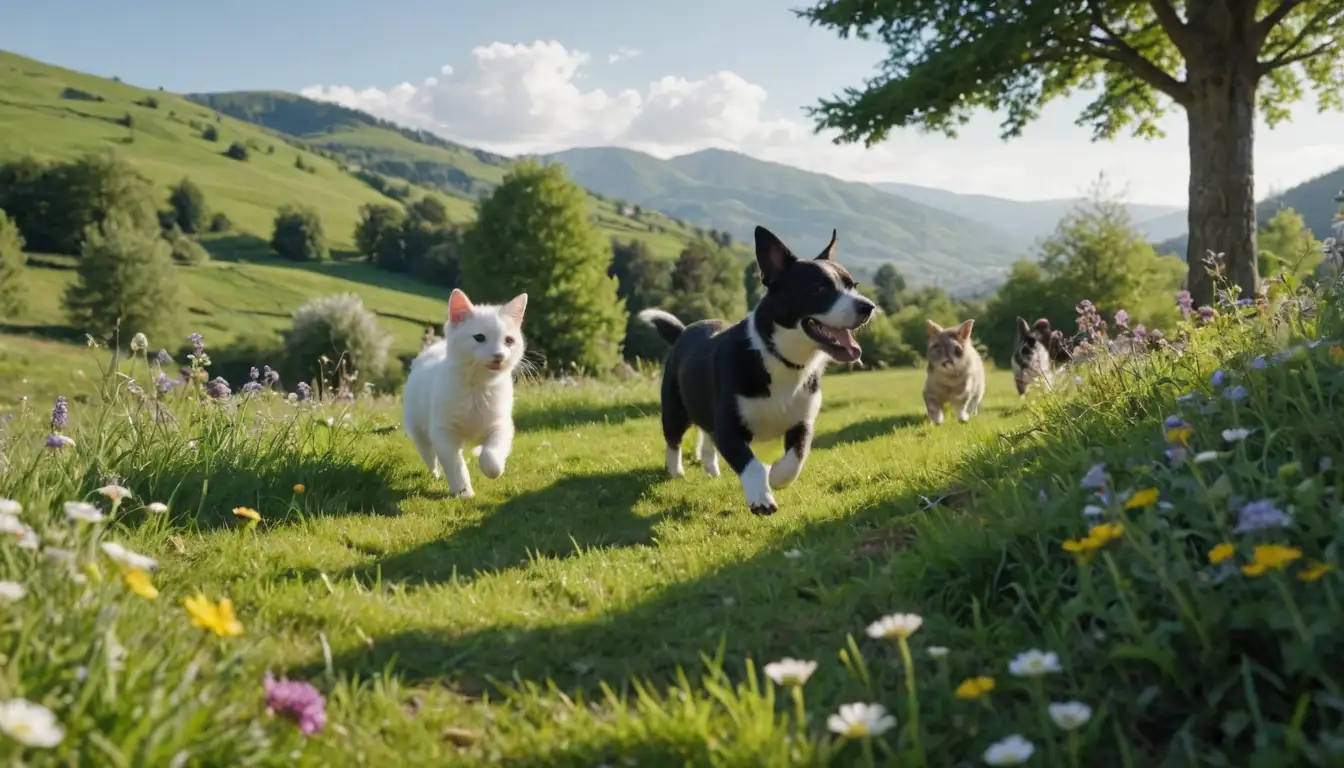 happy, curious animals, pets, playing together, in a green, natural setting, surrounded by trees, flowers, and a sunny sky, with gentle, rolling hills or mountains in the background