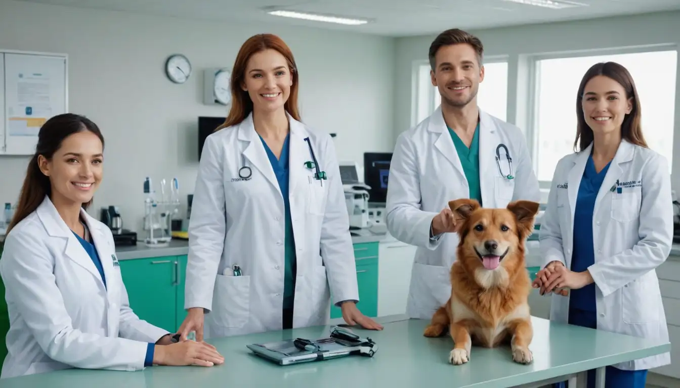 3-4 veterinarians in white coats, smiling, standing or sitting around a table with medical equipment, holding hands with animals (dog, cat, etc), bright green and blue colors, professional background, simple/plain white or gray surfaces, no clutter, calm atmosphere