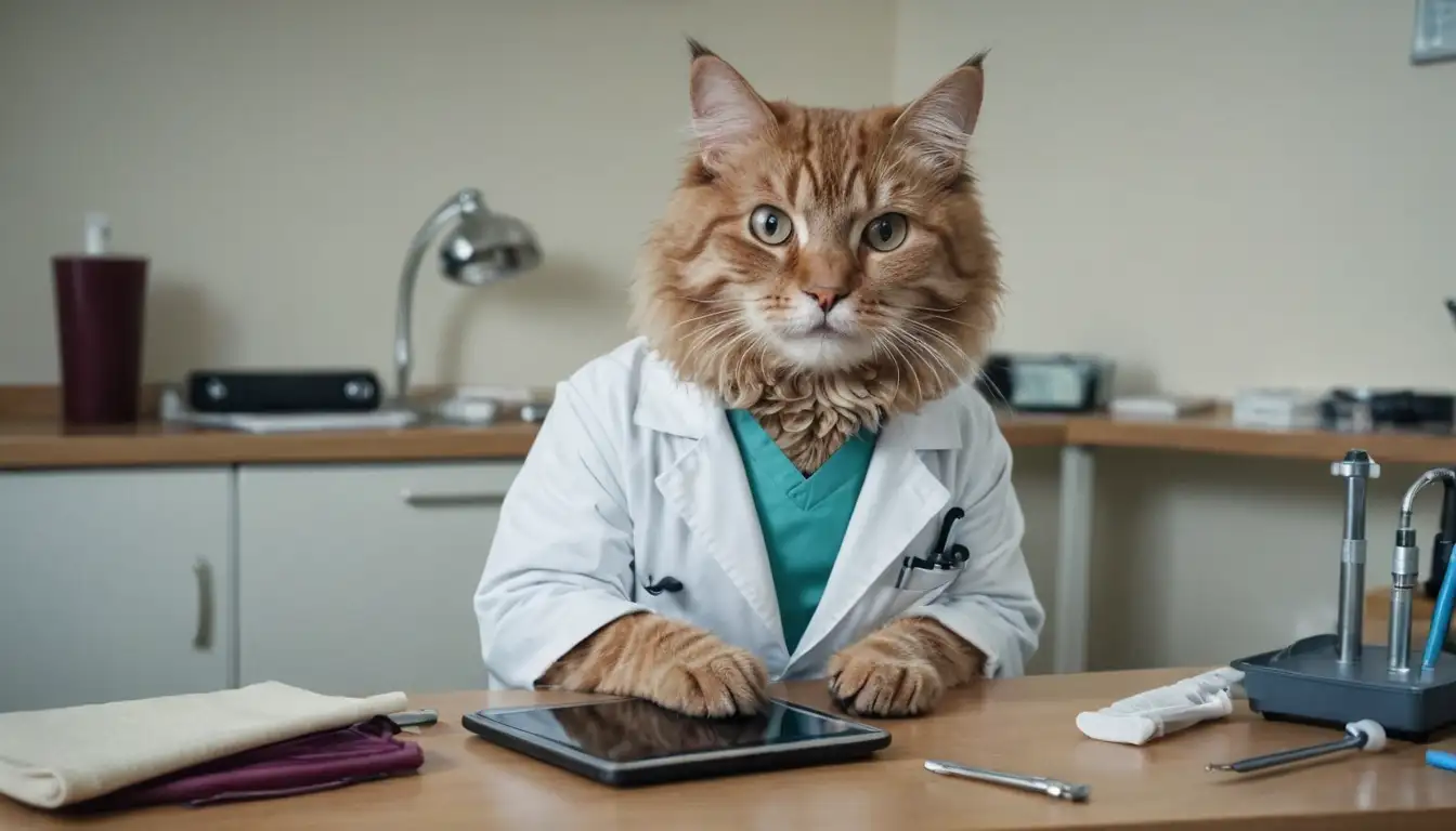 A cat with curly coat sitting on a veterinary examination table, surrounded by various medical tools, a veterinarian in white coat holding a tablet, a warm and cozy atmosphere, a calm and relaxed animal, professional healthcare setting, high-quality care