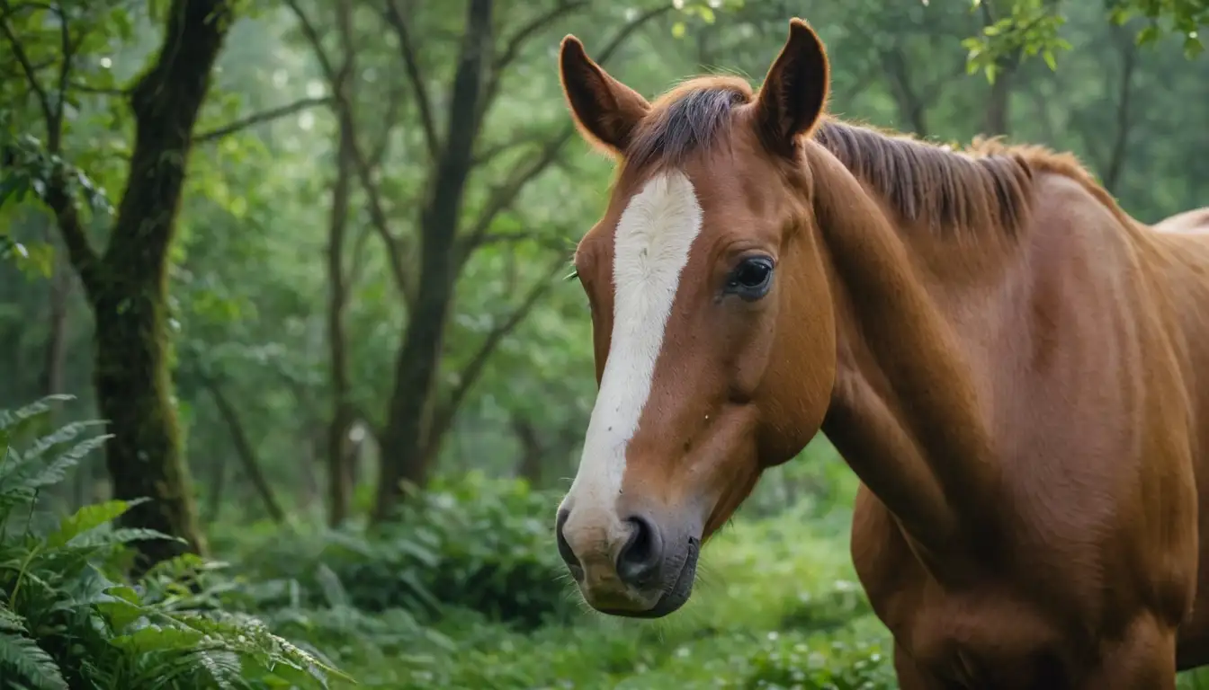 A serene animal, possibly a horse or cow, in a natural setting, surrounded by lush greenery, with a calm expression, and a subtle misty atmosphere, showcasing gentle care and trust