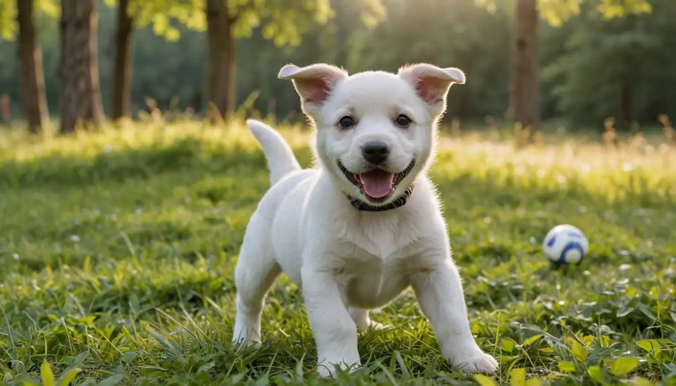A happy Boyero de Berna puppy, outdoors, surrounded by lush greenery, playing with a ball or toy, perhaps in a meadow or forest, with sunlight and clouds in the background, featuring a calm and peaceful atmosphere, showcasing the breeds gentle and affectionate nature