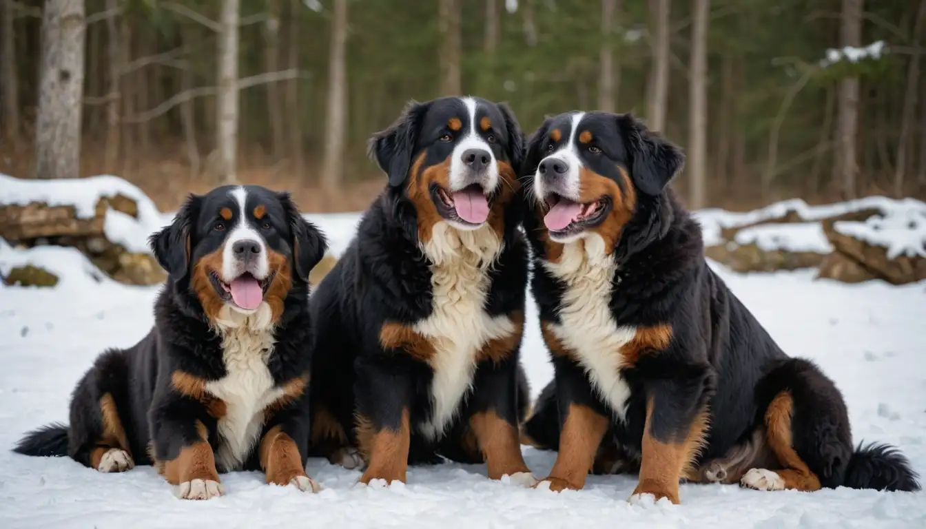 3-4 friendly, curious Bernese Mountain Dogs in various poses, colors and textures, playful, energetic, outdoors, nature, mountains, forests, snow, sun, smiling eyes