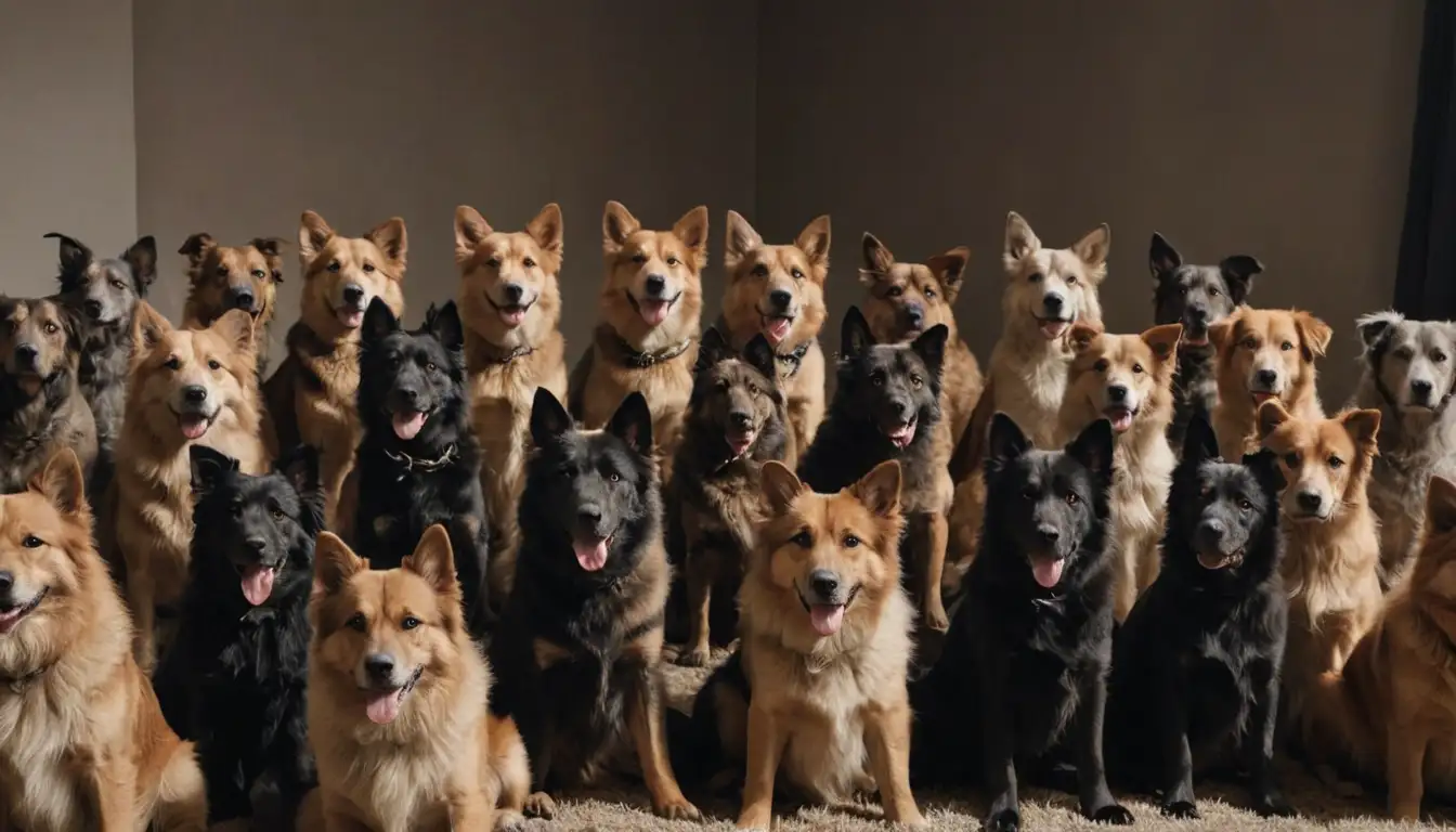 2-3 dogs sitting comfortably together, medium-sized with calm expressions, short coats in a mix of brown and black hues, slightly tousled fur around their ears, wagging tails, looking directly at the viewer