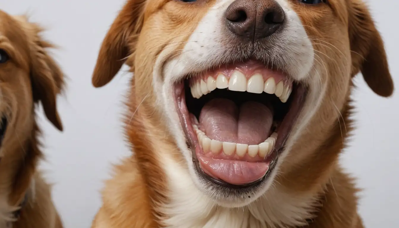 A close-up view of a happy dogs smiling mouth with healthy gums and teeth, perhaps with some tartar accumulation or plaque to highlight the importance of prevention, against a clean white background with no distracting elements