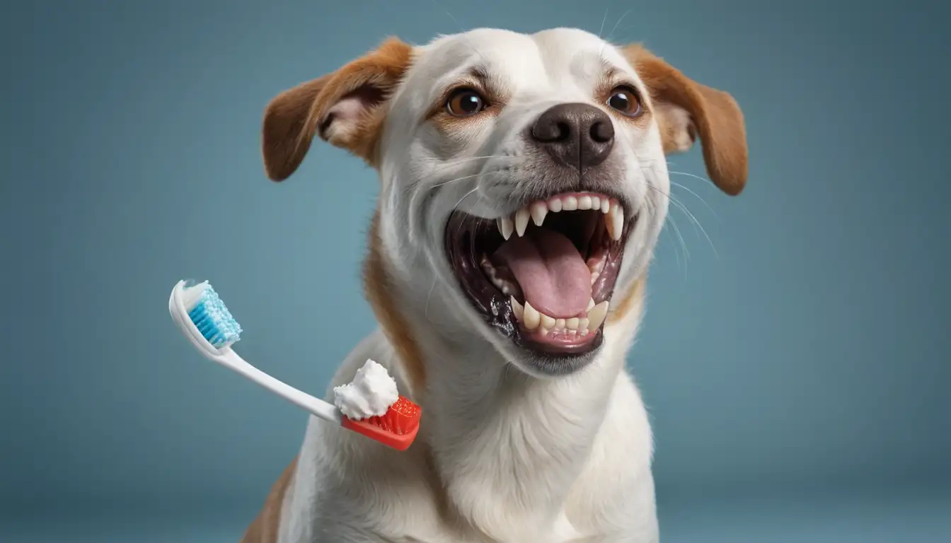 3D illustration of a happy dog with open mouth showing teeth and gums, toothbrush and dental paste, periodontally affected tooth with inflamed gum and pus pocket, healthy tooth with gums and surrounding tissue