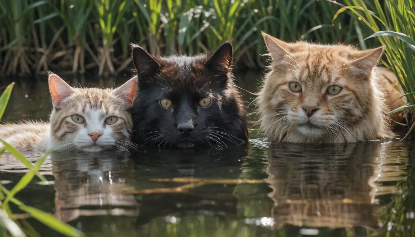 2 animals, a dog and a cat, lying near water, with worms emerging from their eyes or noses, set against a blurry background of reeds or plants, with sunlight reflecting off the waters surface