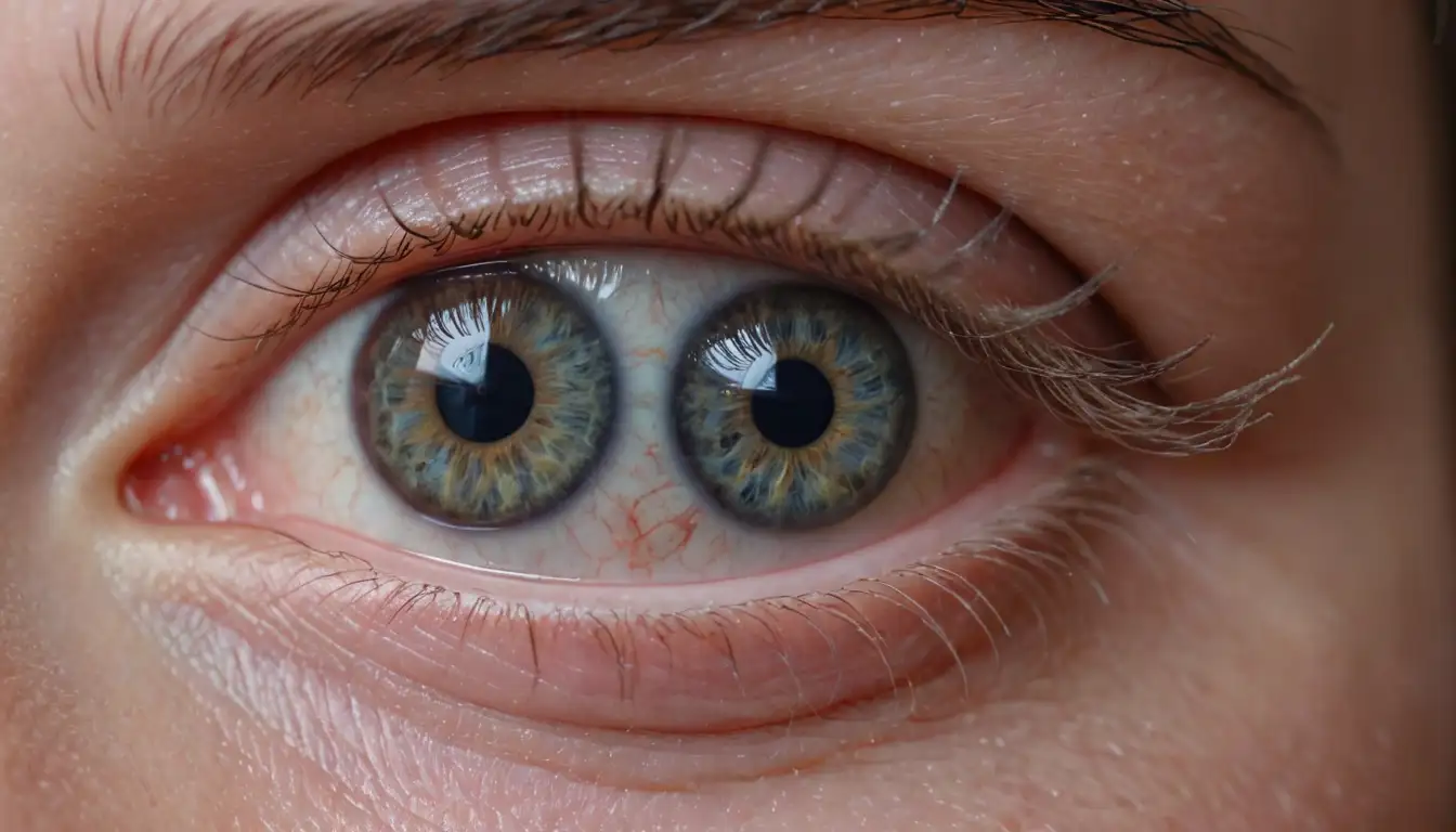 2 eyes, thick eyelid, worm body, tangled hair-like structures, pale color scheme, blurred background