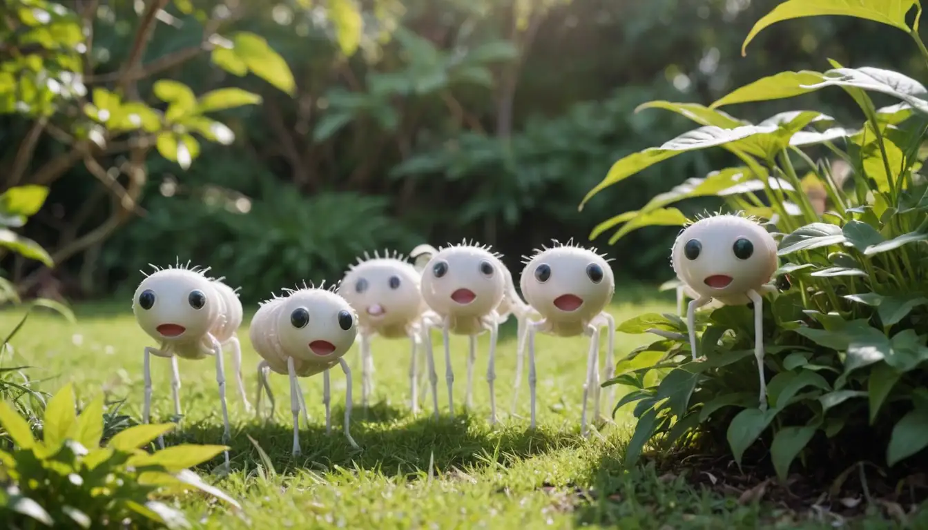 4-legged hosts, eye worms visible, white or pinkish color, surrounded by foliage, outdoor setting, warm sunlight, background with grass or plants, simple and clear visuals