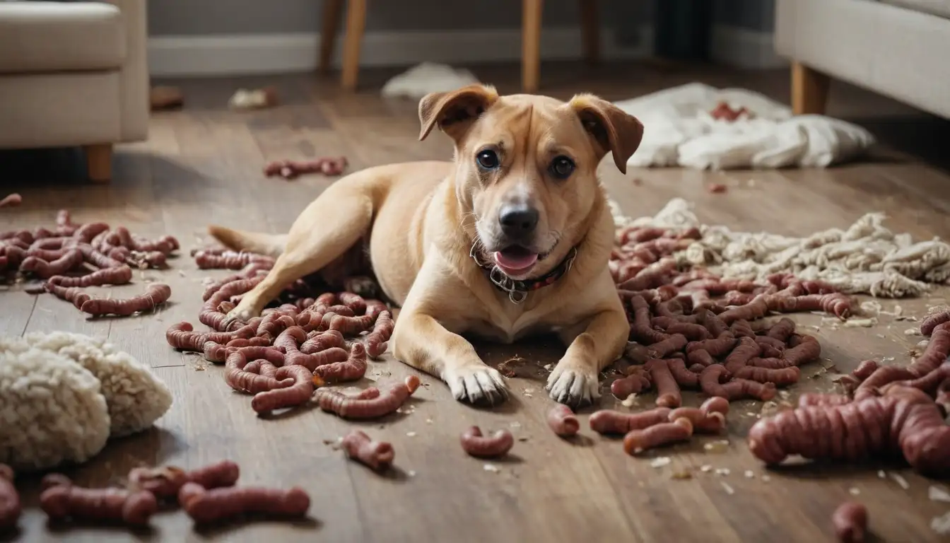 3D illustration of a dogs intestines with worms, parasite infestation inside gut, infected feces on floor, scattered dog toys and bedding amidst mess, unhappy looking dog in corner, hint of disgust on its face