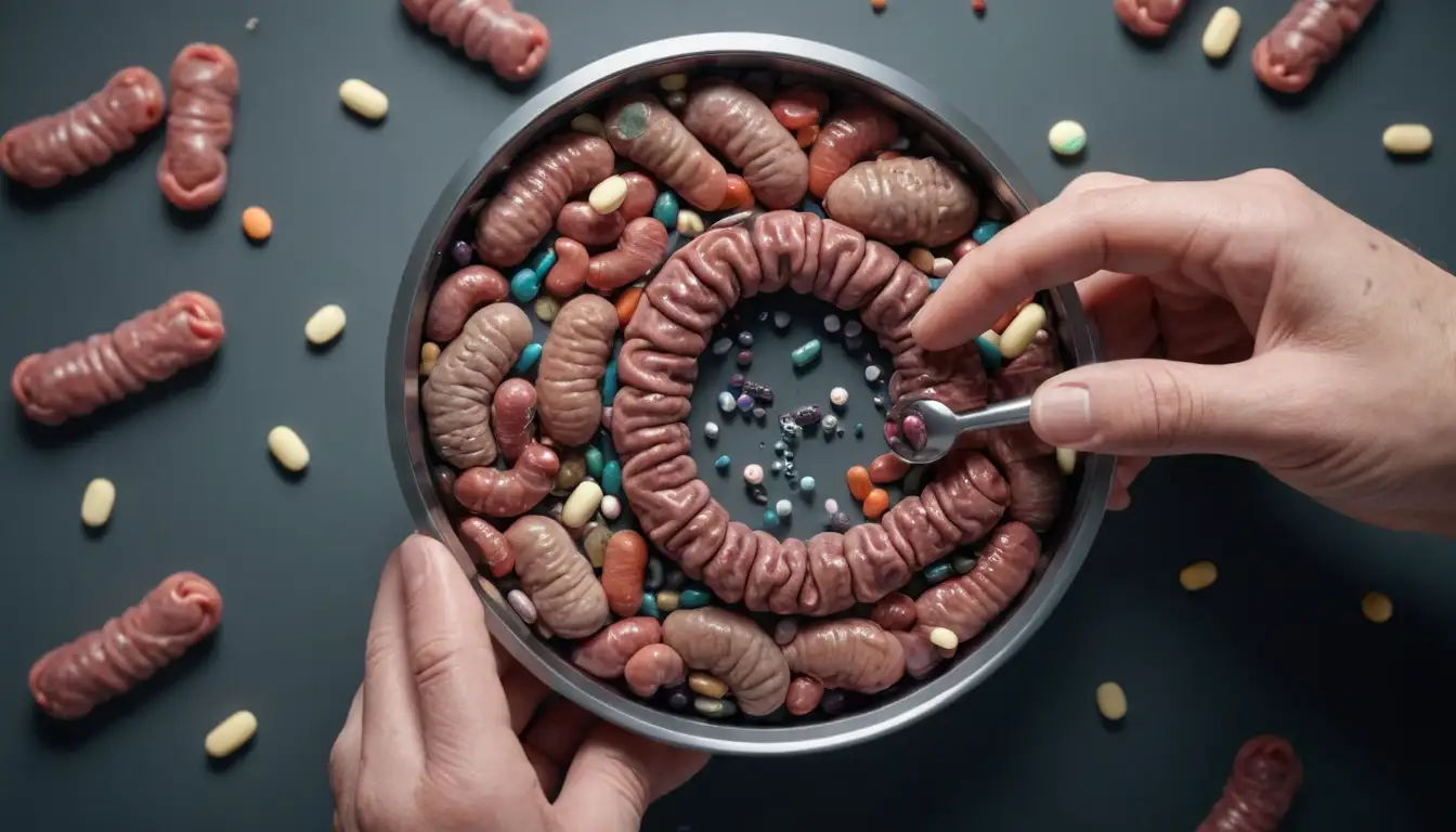 3D illustration of a dogs intestine with worms inside, surrounded by scattered pills or medication, showing a gloved hand removing them, with a magnifying glass hovering above to highlight the parasites texture and size