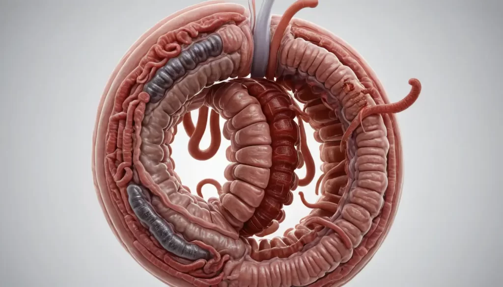3D illustration of a dogs intestinal tract with parasites