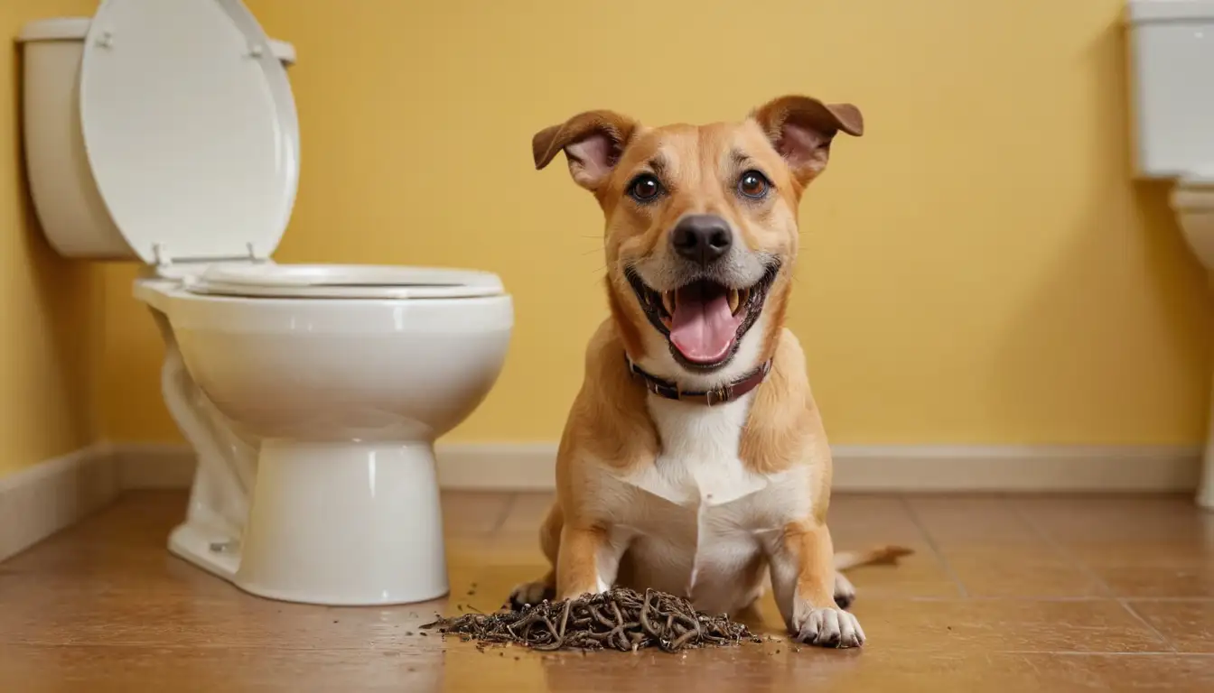 A happy dog with a surprised expression, sitting in front of a toilet bowl with worms and parasites floating out, a scoop of healthy food on the side, a sunny yellow background, a subtle shadow representing the intestines, and a few playful toys for fun