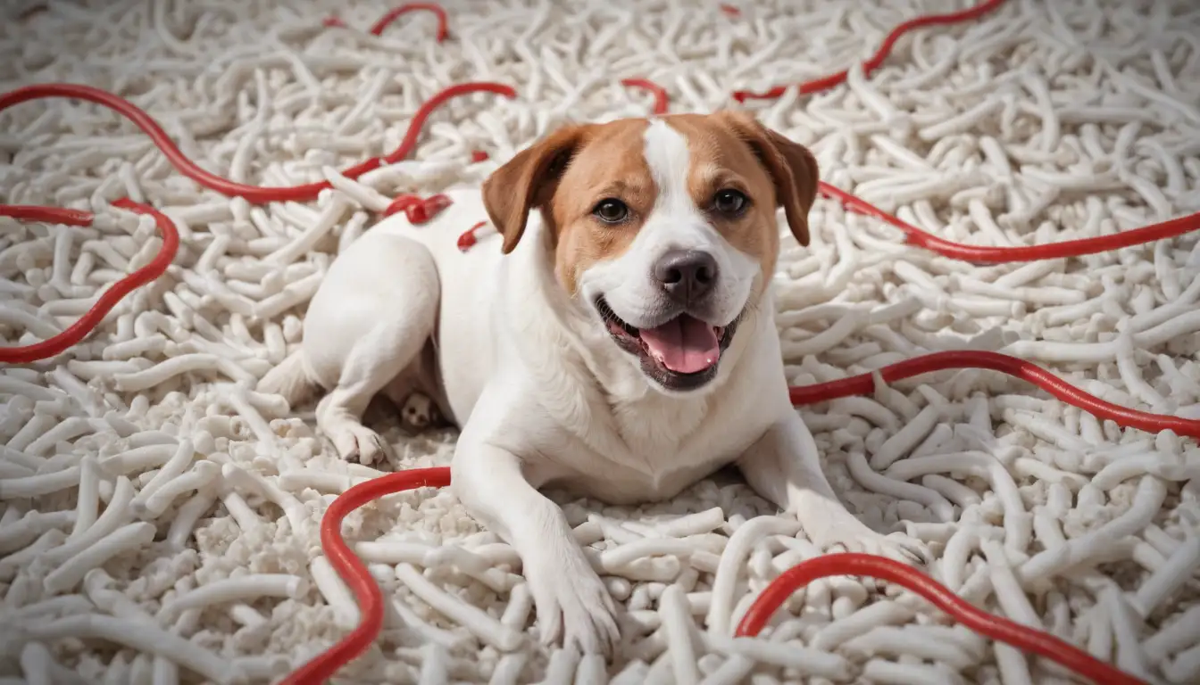 3D illustration of dog with worm emerging from anus, surrounded by white worms, intestines depicted as tangled tubes, red arrows pointing to affected areas