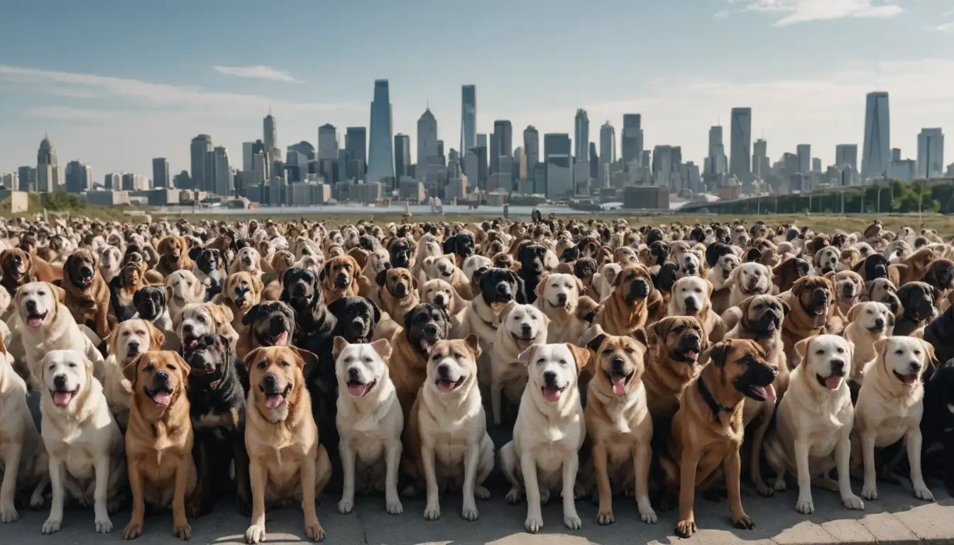 3-4 dogs, various breeds, different postures, and expressions; illustrations of intestinal parasites, worms, and eggs; microscopes or lab equipment in the background; a cityscape or natural environment in the distant