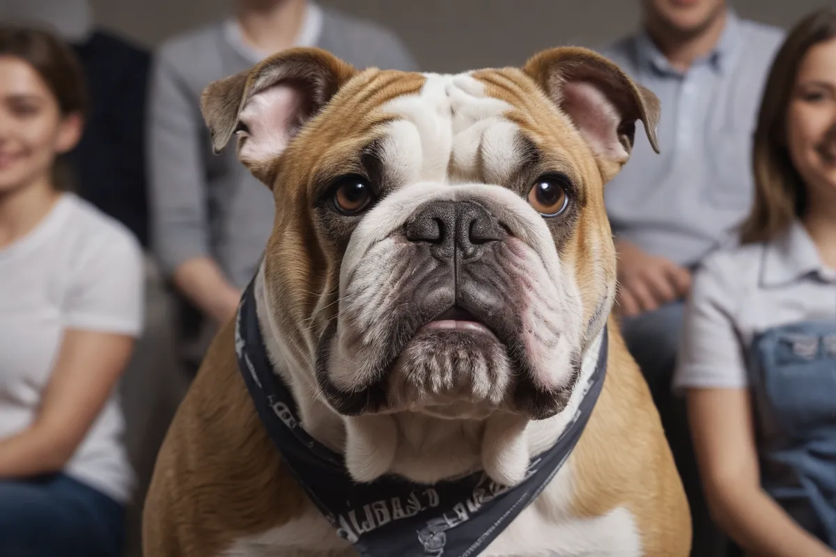 Un retrato de un Bulldog con líneas fuertes, defiende el banner y las personas sonriendo