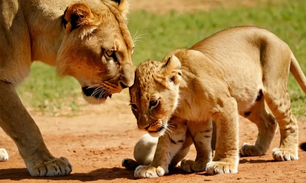 Leones cachorros bebiendo leche materna