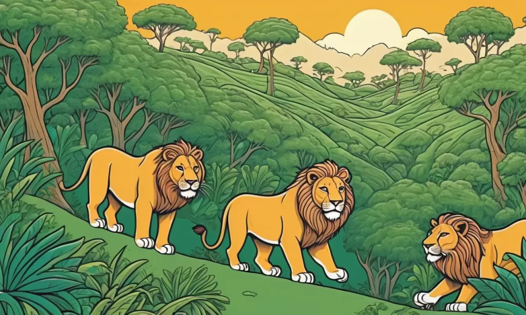 Un león camina por un hábitat exuberante compartido con humanos