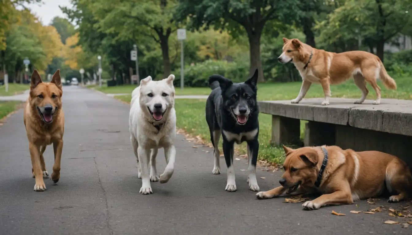 5 dogs in different living environments (home, park, street), varying levels of distress (pawing, whining, hiding), and 2-3 subtle pain indicators (limping, avoiding eye contact, favoring one side)