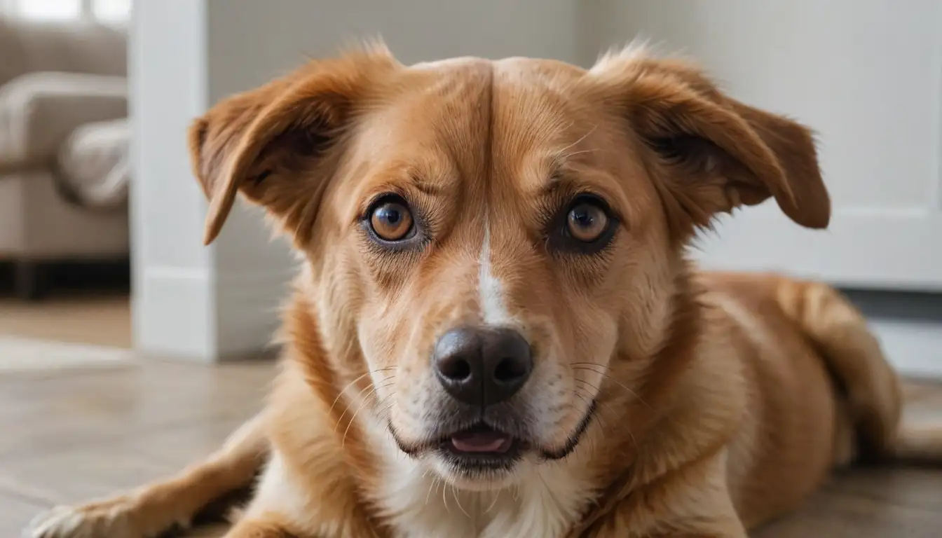 A close-up shot of a dogs face with eyes drooping, ears down, and mouth open in distress, accompanied by blurred background images of paws, legs, or body language indicative of pain such as limping, favoring, or avoiding movement