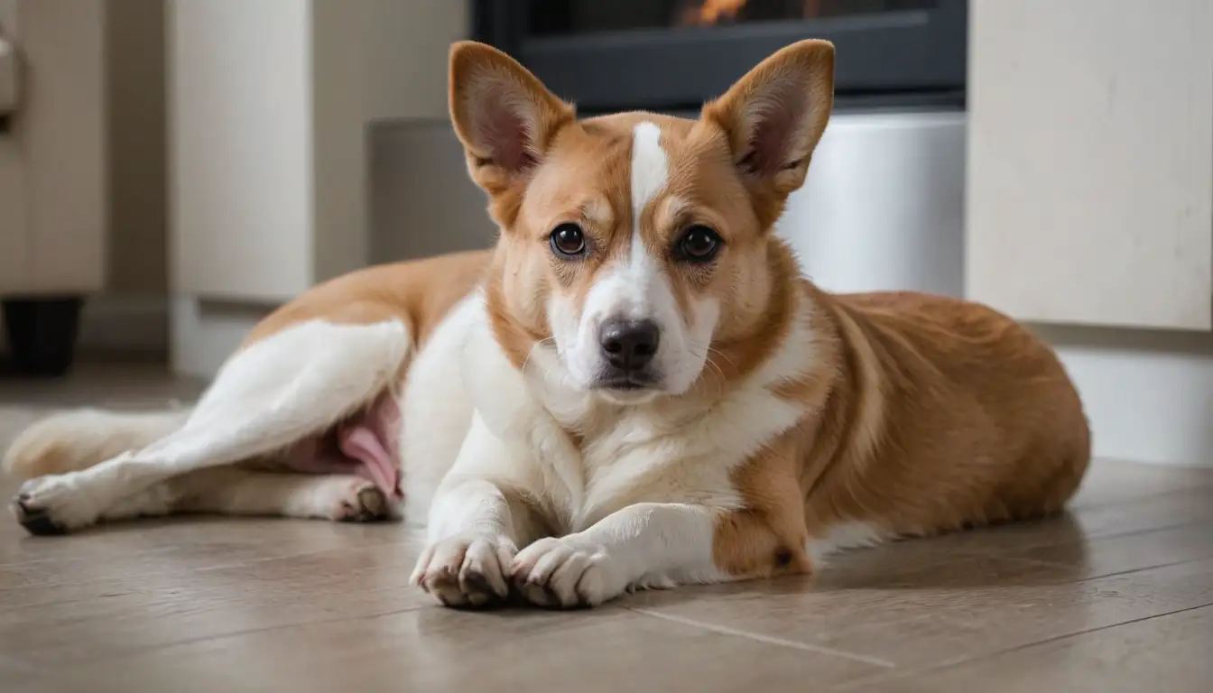 a photo of a dog with, tense posture, arched back, tucked tail, stiff legs, curled paws, relaxed ears, and anxious eyes, with