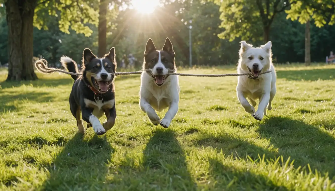 3 energetic dogs playing tug-of-war with rope toys, jumping and running in a park, surrounded by green grass and sunbeams