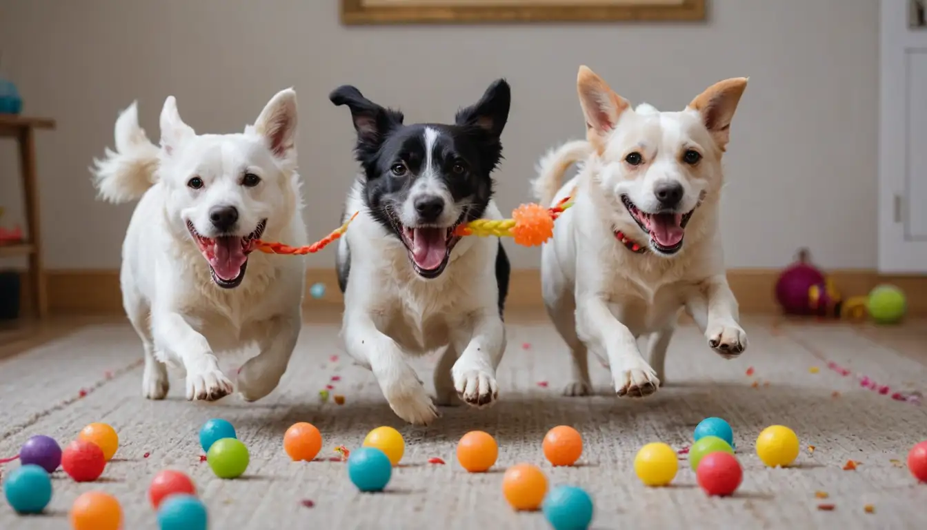 3 playful dogs in motion, one with a squeaky toy, another with a rope toy, and a third running freely, surrounded by colorful balls and treats, conveying high energy, excitement and fun!
