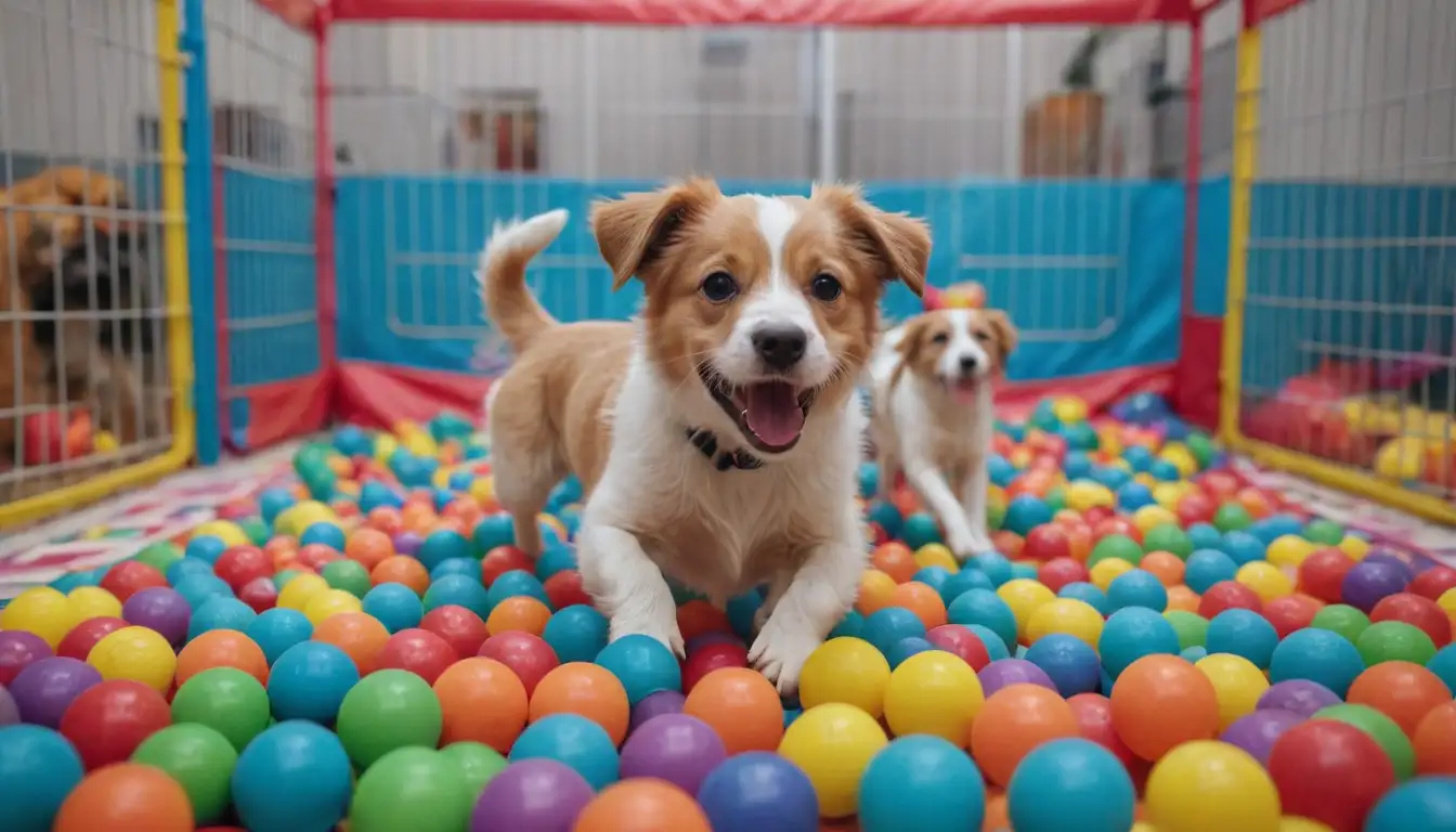 3 dogs in playpen, surrounded by colorful toys, hyperactive dog jumping, maze in background, balls and tunnels, fun atmosphere, playful chaos, happy dogs, joyful scene