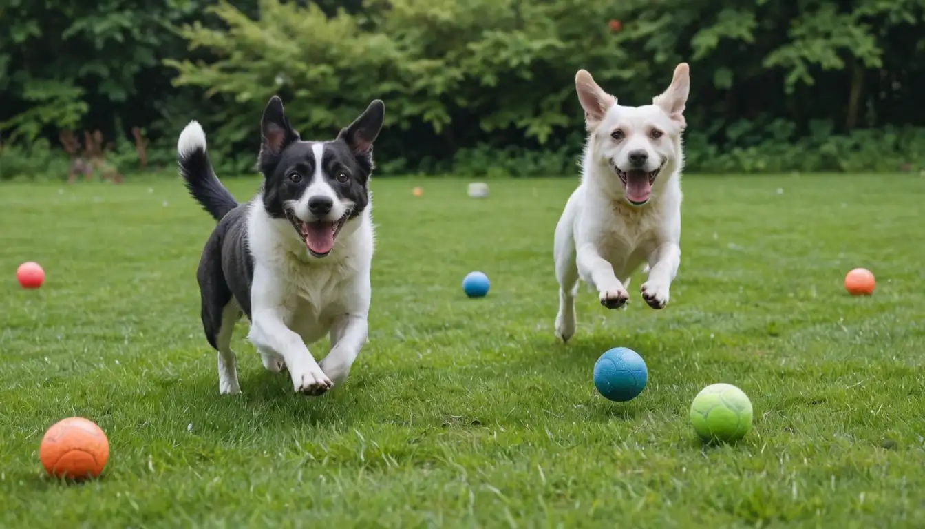 5 energetic dogs playing with toys on a green grassy area, a few balls bouncing in the air, some squeaky toys scattered around, and one dog running in the center with excitement, conveying high energy levels, fun, playfulness, and activity