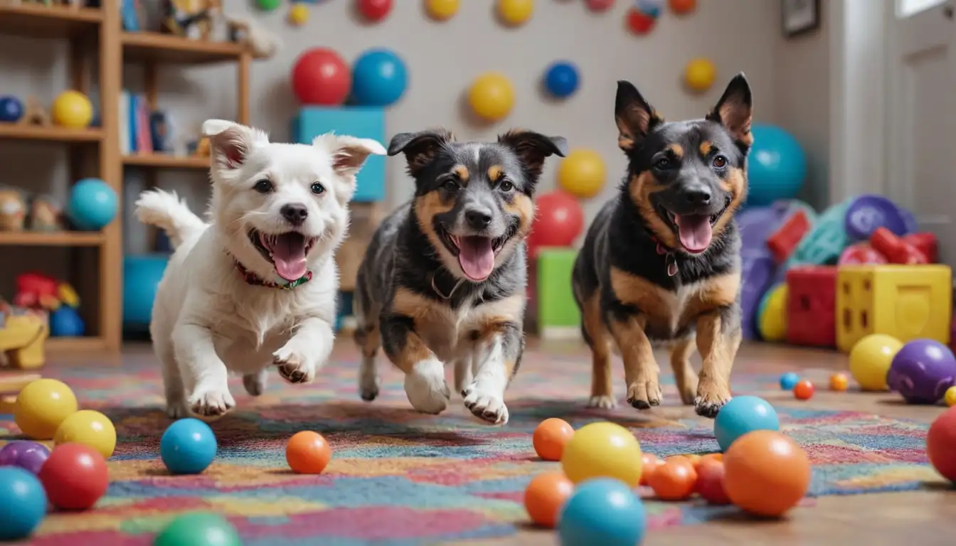 4 playful dogs in motion, surrounded by colorful toys, energetic background with dynamic shapes and patterns, fun and lively atmosphere with plenty of action happening