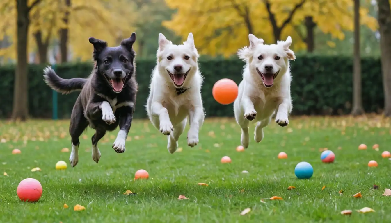 2 energetic dogs jumping high, running together, playing with balls, maybe in a park or backyard scene, bright colors, blurred motion effect to convey energy and speed