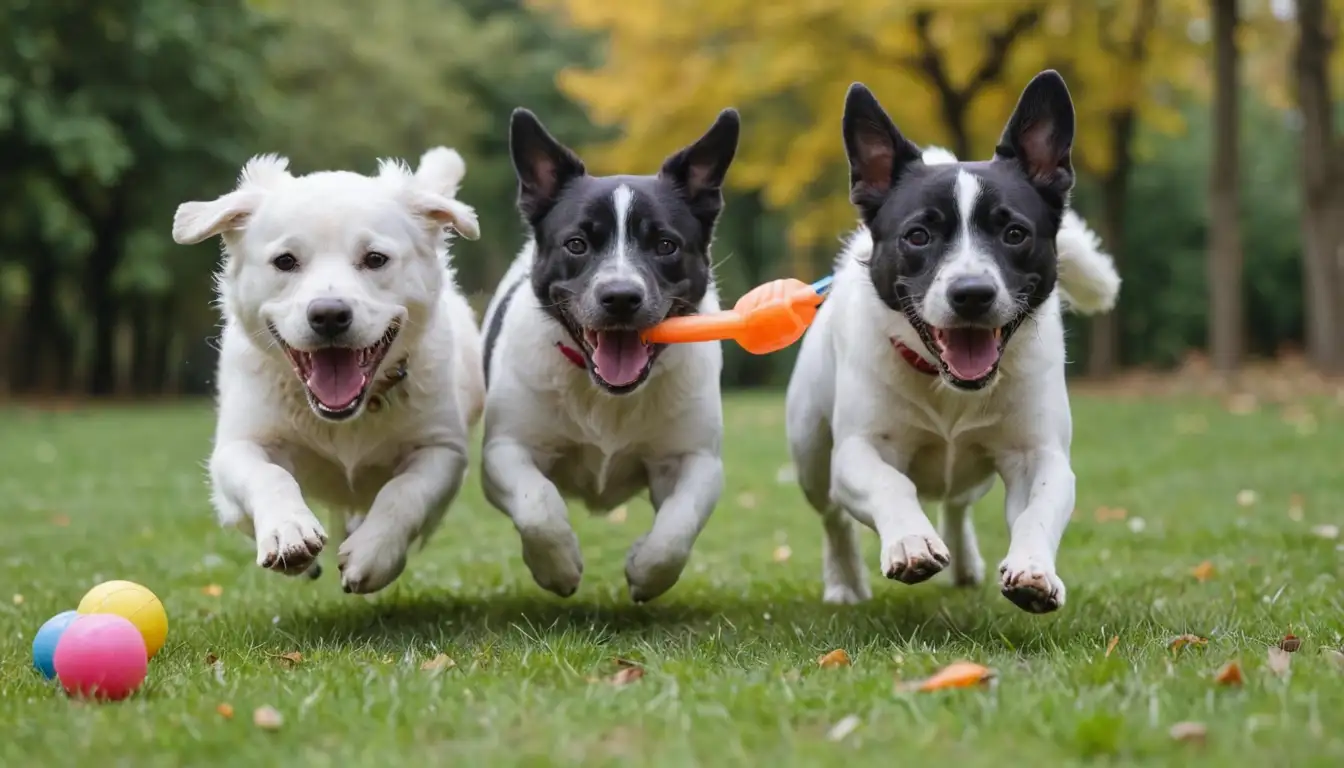 2 energetic dogs running freely, playing tug-of-war with colorful toys, surrounded by blurred background, lots of movement and action