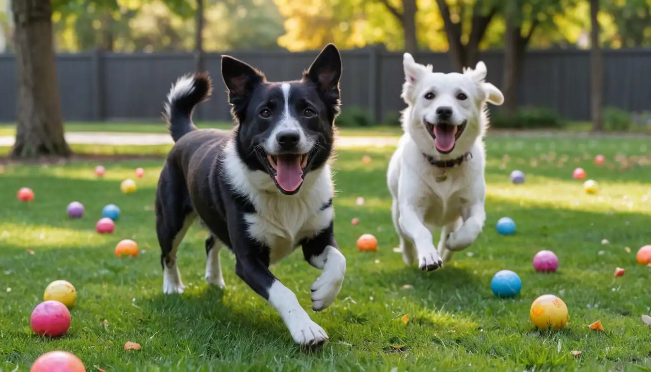 3-4 energetic dogs playing with colorful treat balls in a park or backyard setting, balls bouncing and flying through the air, with joyful expressions on their faces, and some treats scattered around for added fun