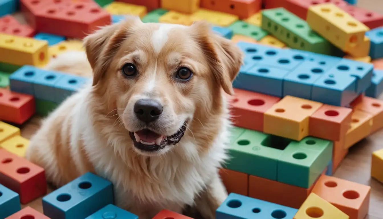3-dimensional brick-shaped toy, colorful plastic pieces with holes and ridges, interactive dog puzzle, hollow compartments, stimulating shapes, rotating parts, bright colors, enticing design, playful illustration, energetic canine playing with toy