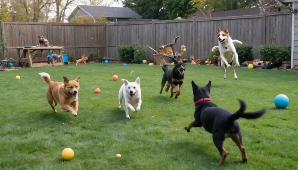 4-6 rambunctious dogs playing