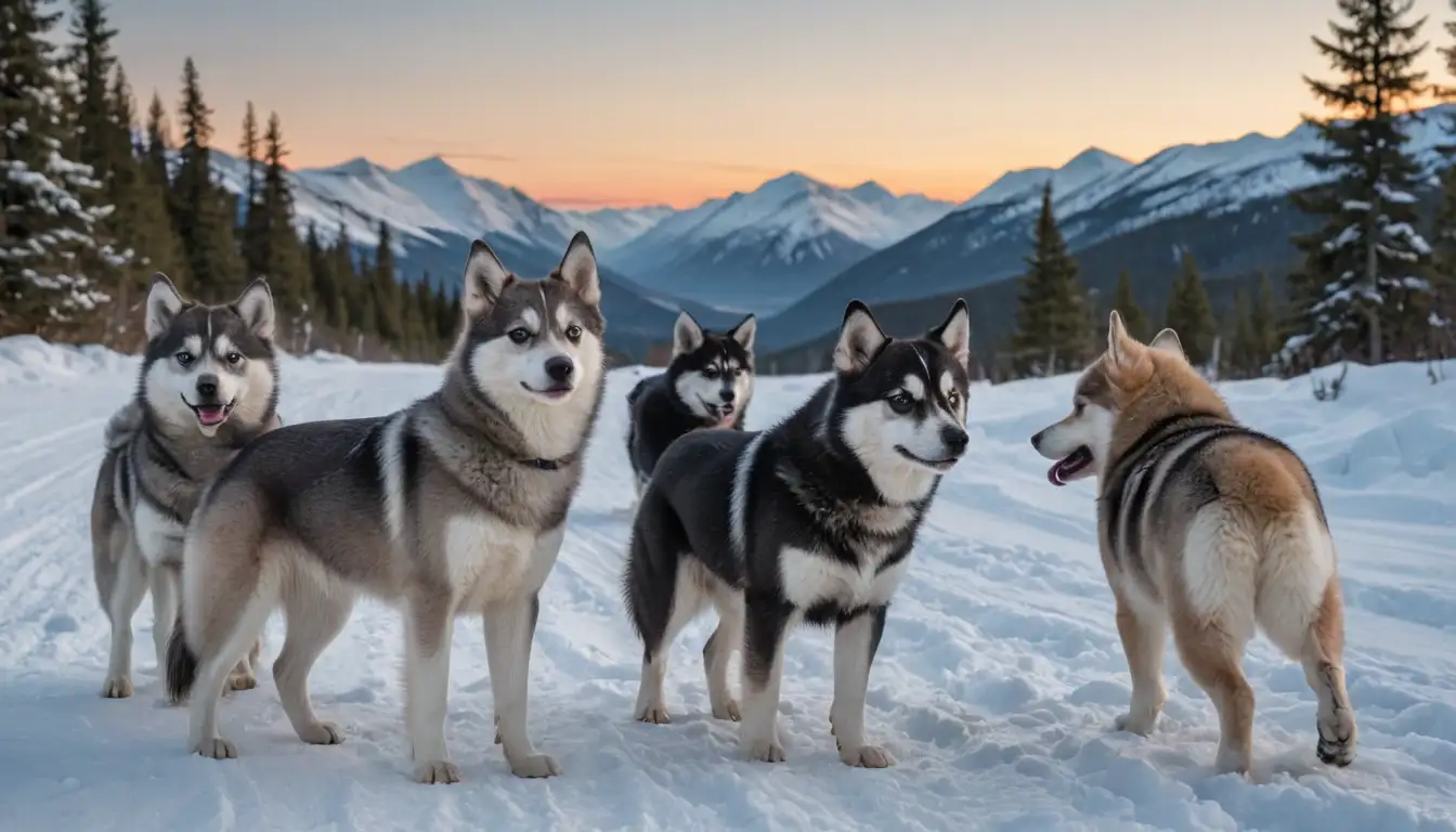 4-6 Alaskan Klee Kai dogs, varying ages and sizes, in natural outdoor settings such as forests or tundras, with snow-capped mountains or northern lights in background, showcasing their thick coats, bushy tails, and expressive eyes, possibly featuring one dog interacting with its handler or playing with a ball