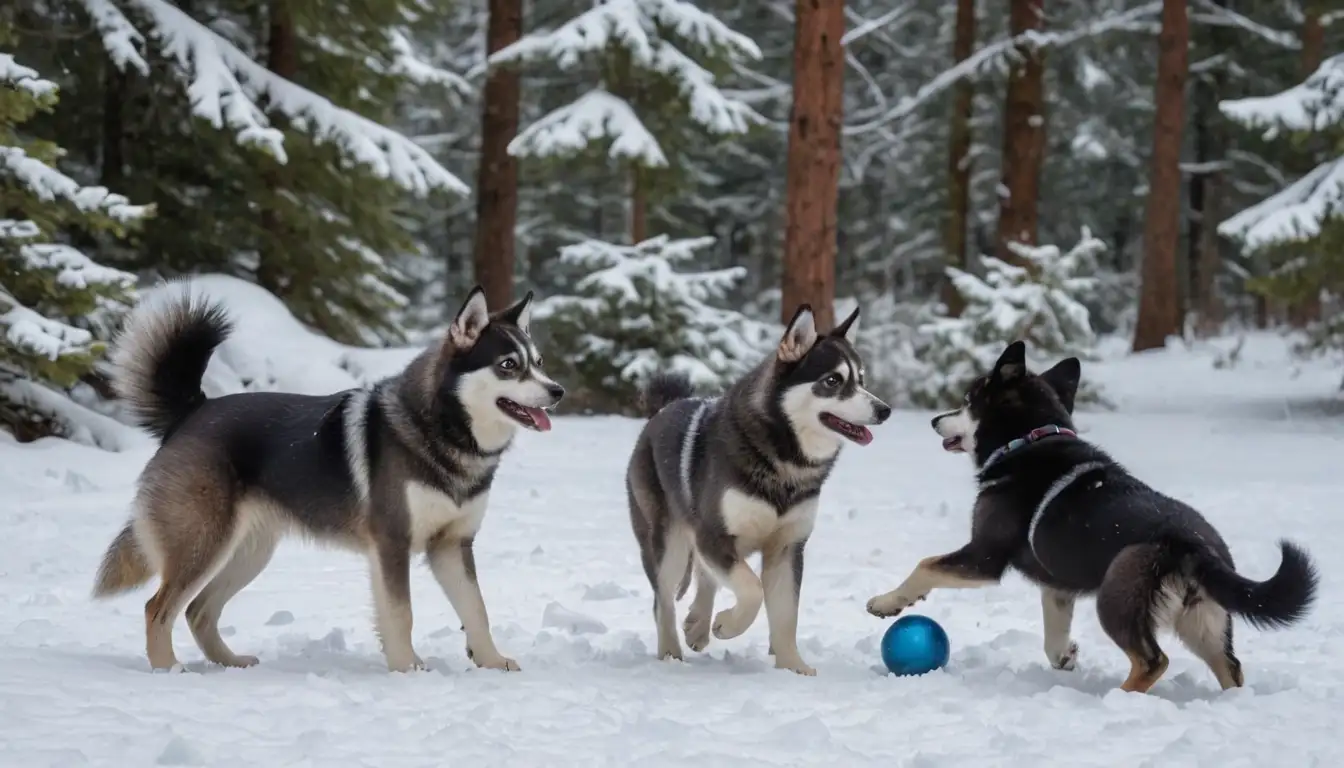 3-4 adult Alaskan Klee Kai dogs, varying coat colors, playing/treating with a ball in a snowy/woodland setting, surrounded by trees, mountains or rocky formations, with a hint of northern exposure, featuring happy and energetic expressions