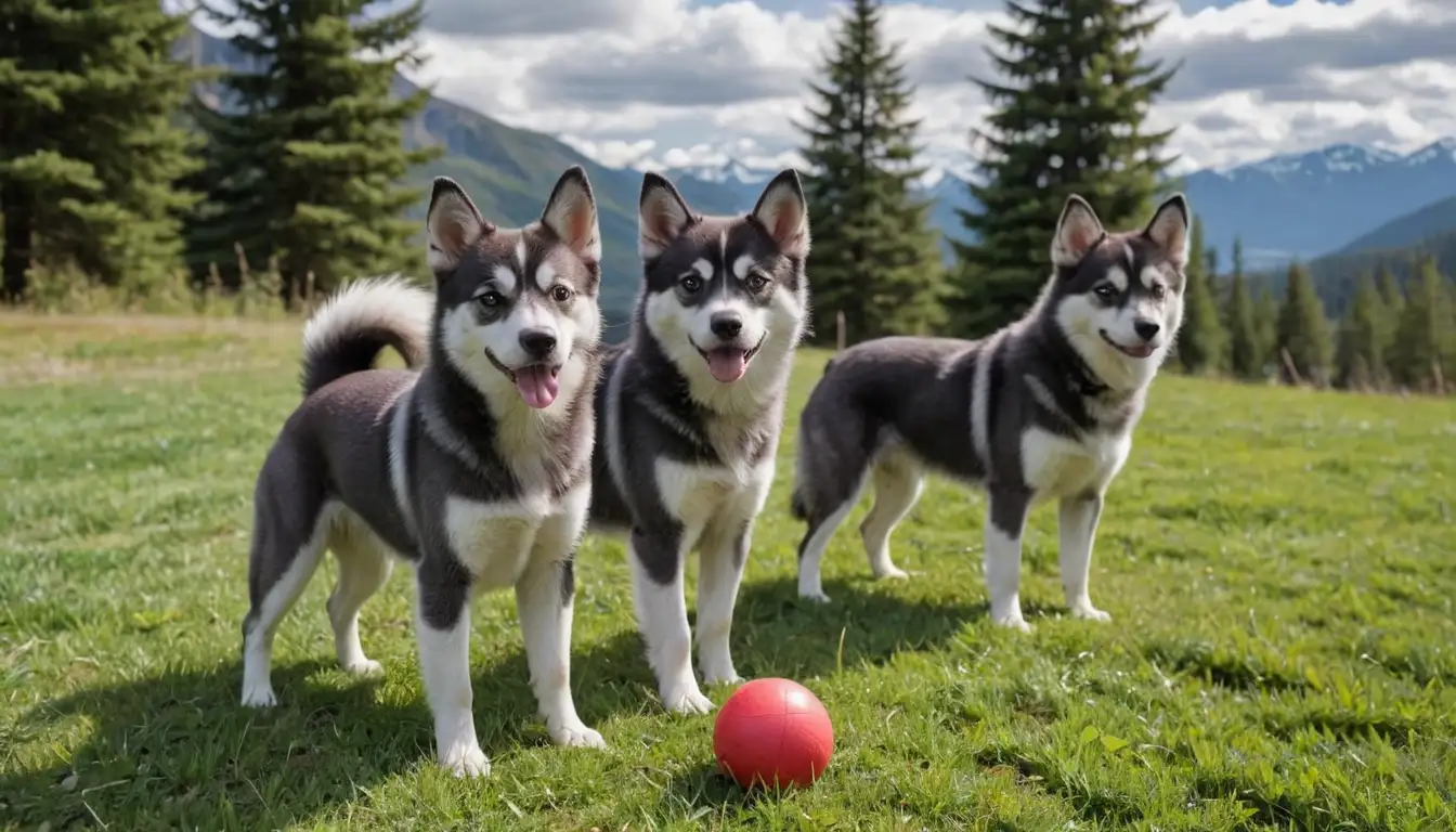 3-4 Alaskan Klee Kai dogs in various poses, natural setting with trees and grass, 1 dog possibly interacting with a ball or toy, bright sunlight with some clouds, rugged terrain, mountains in the background