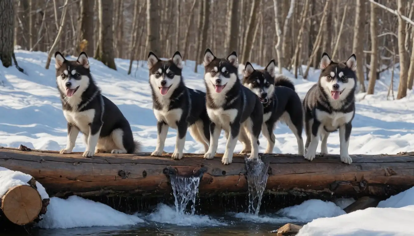 3-4 playful, energetic Alaskan Klee Kai dogs, surrounded by snow-covered trees, with one or two sitting on a log or near a stream, others running and jumping, conveying friendly, curious nature, bright blue sky above with some white fluffy clouds