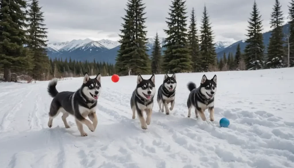 2-3 Alaskan Klee Kai dogs running free in a snowy landscape with trees and mountains