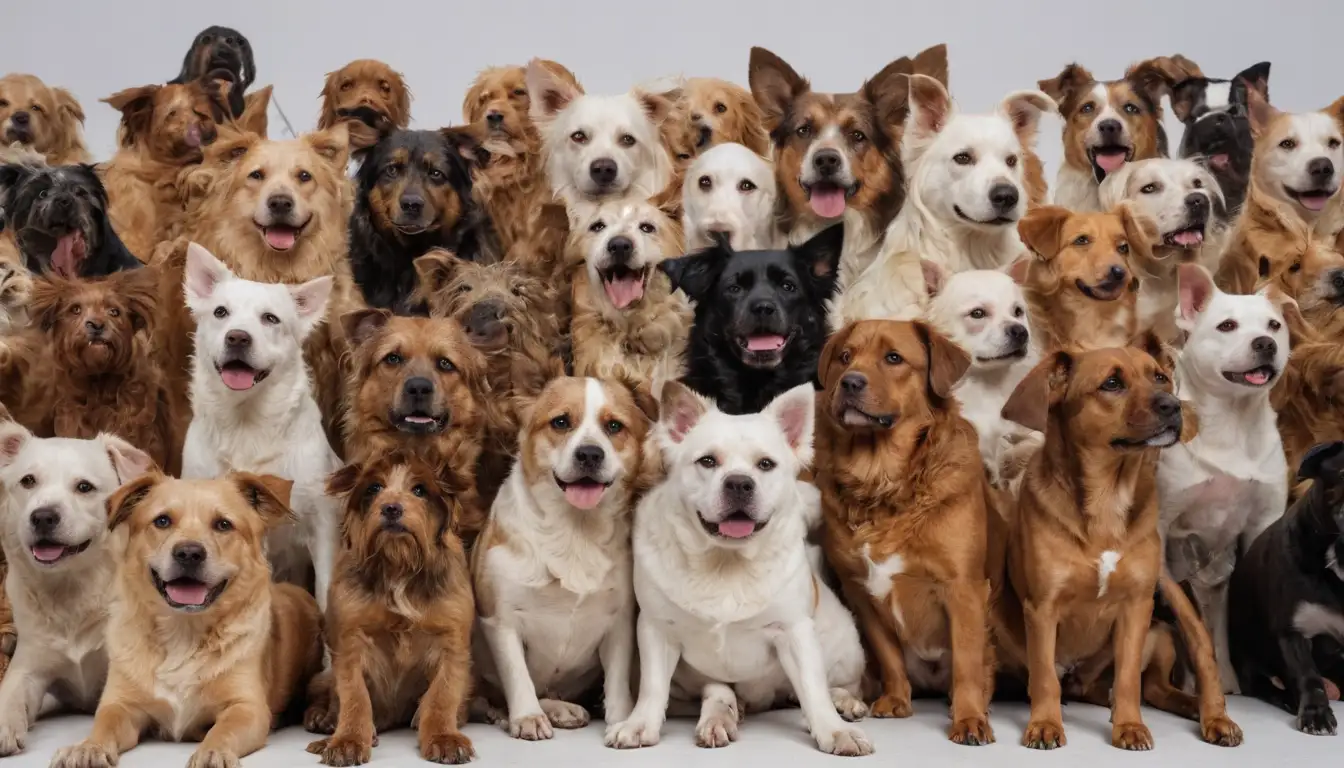 3-4 dogs with flaky skin, scratching at ears, paws, and belly, with yellow or brown crusty residue, on a white background, some may have redness or bumps, medium-sized breeds, diverse ages, few toys or props