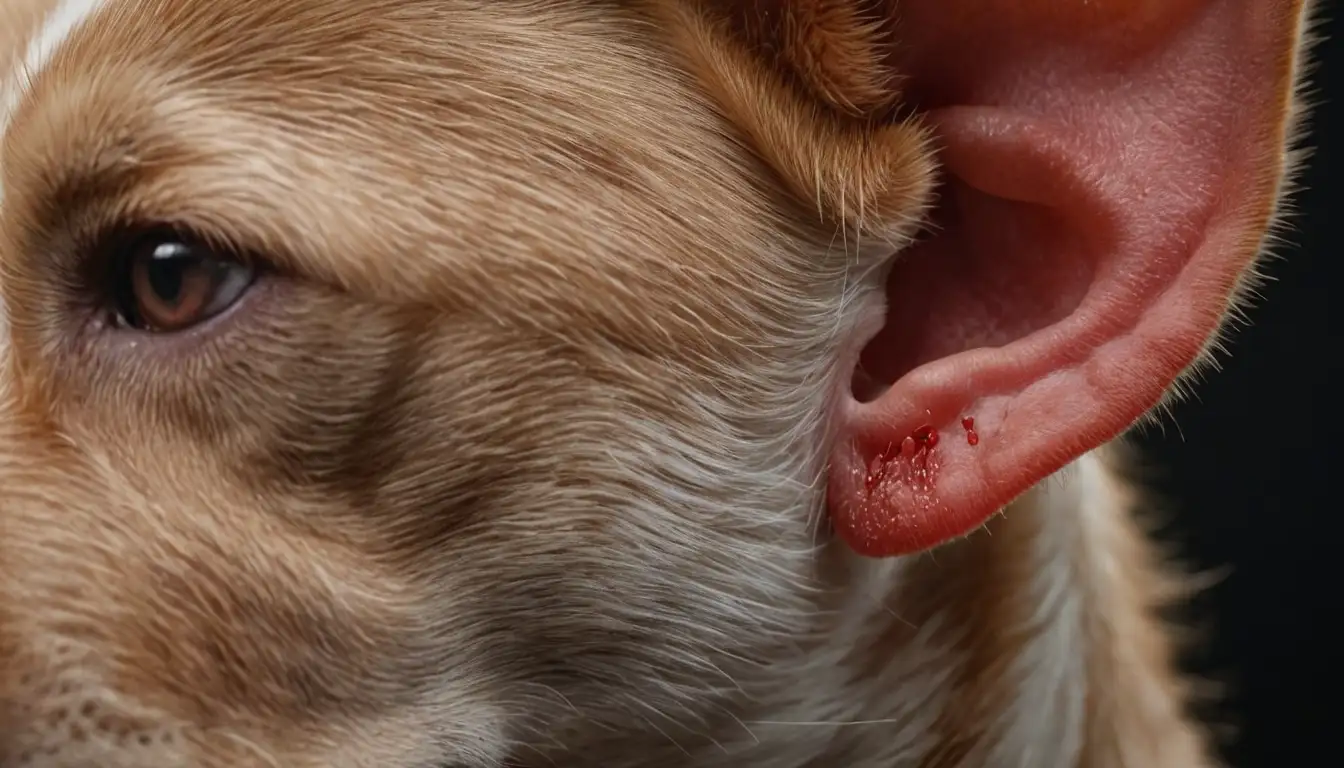 3D rendering of a dogs ear with a red itchy rash, close-up view, scratch marks on ear canal, hair loss, and inflamed skin edges
