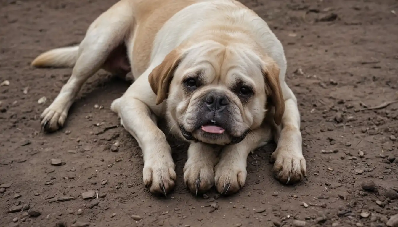 A close-up view of a sad-looking dog with skin issues on its paws or belly, possibly surrounded by redness and itchiness, with visible flaking skin, dirt, or debris