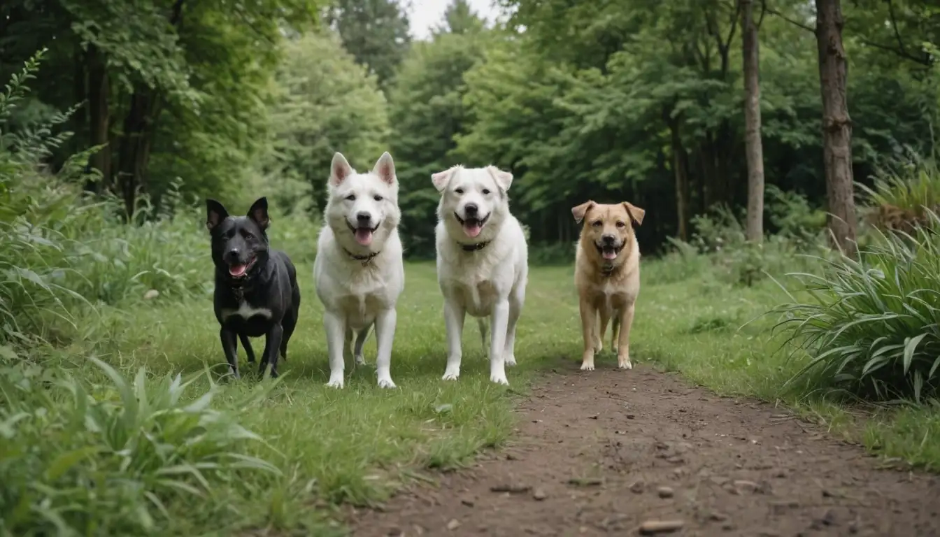 3 dogs in various breeds and sizes, surrounded by trees or plants with greenery, on a natural terrain like grass or dirt, no man-made structures or objects visible